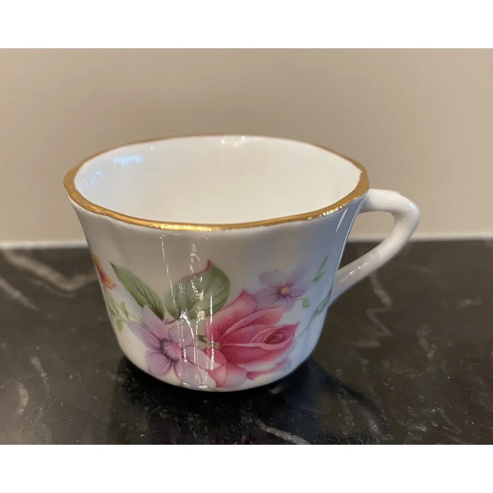 E & R Golden Crown Miniature Cup and Saucer Floral Made In Canada